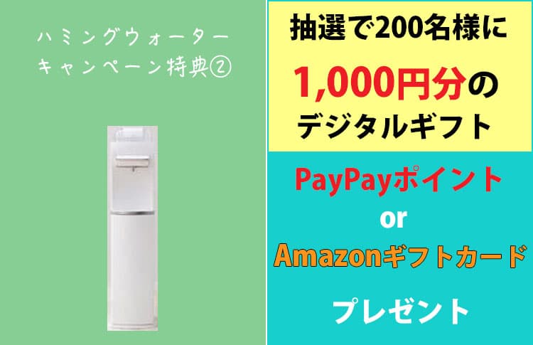 ハミングウォーターキャンペーン特典②抽選で200名にPayPayポイントまたはAmazonギフトカード1,000円分