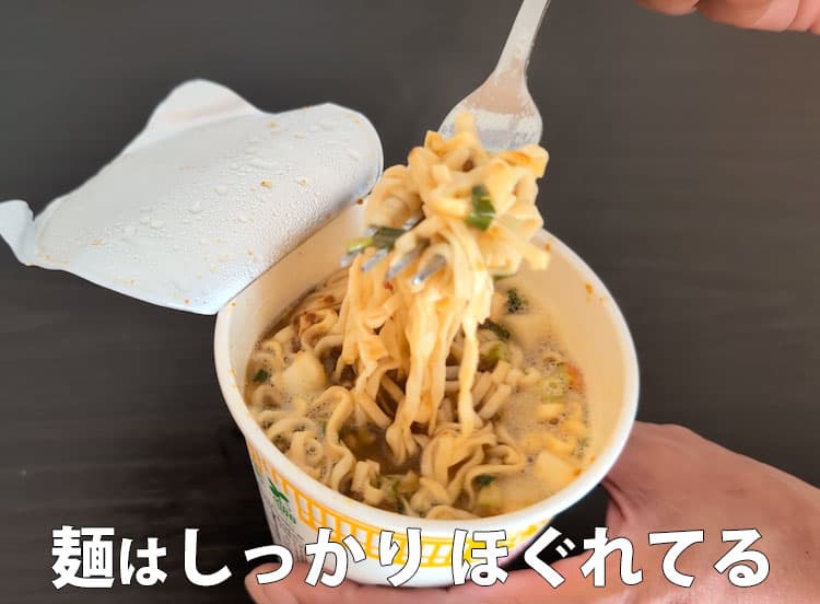 ハミングウォーターの温水で作ったカップラーメンの麺をフォークに絡ませたところ