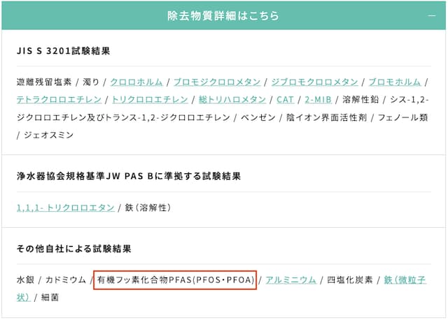 ハミングウォーターの浄水フィルターの除去物質一覧にある有機フッ素化合物PFAS（PFOS・PFOA）